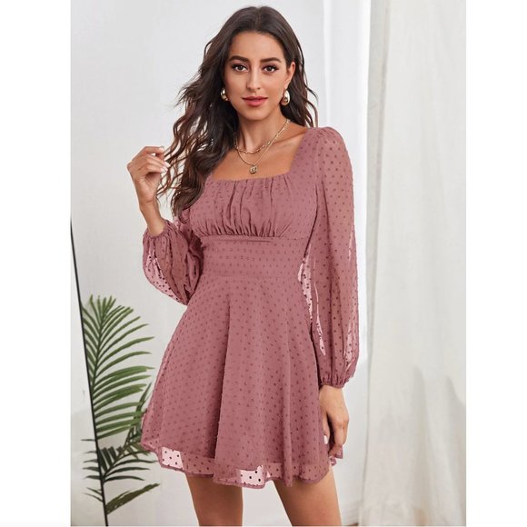 . Dresses & Skirts - sheer long sleeve Ruched Bust Lantern Sleeve Swiss Dot mini Dress mauve pink